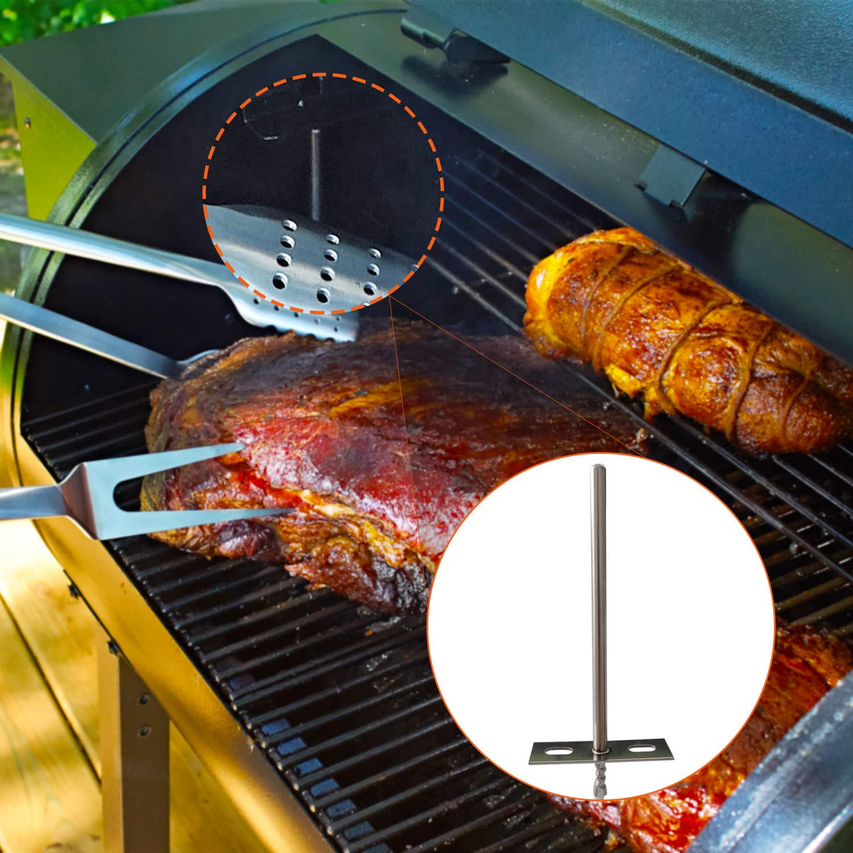 FCCUM RTD probe with 23-inch braided wire for flexible placement in a pellet grill setup.