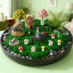 FCKLVMC table-bridge-pond-set creates a cohesive micro-landscape in small spaces