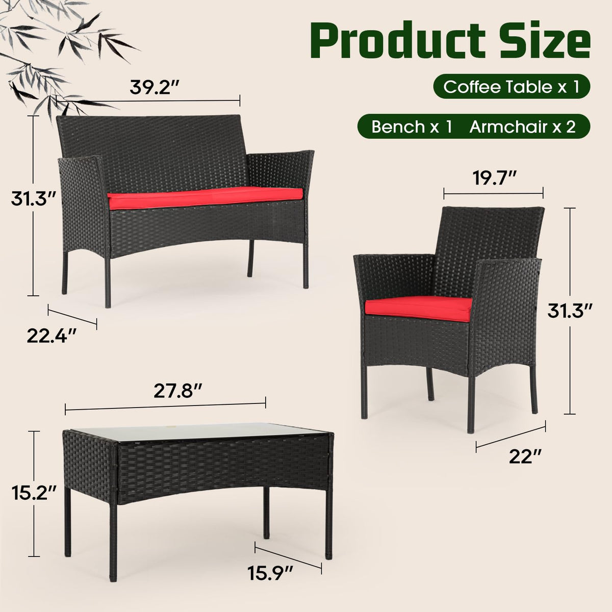 FDW red loveseat for close conversations in a garden or porch.