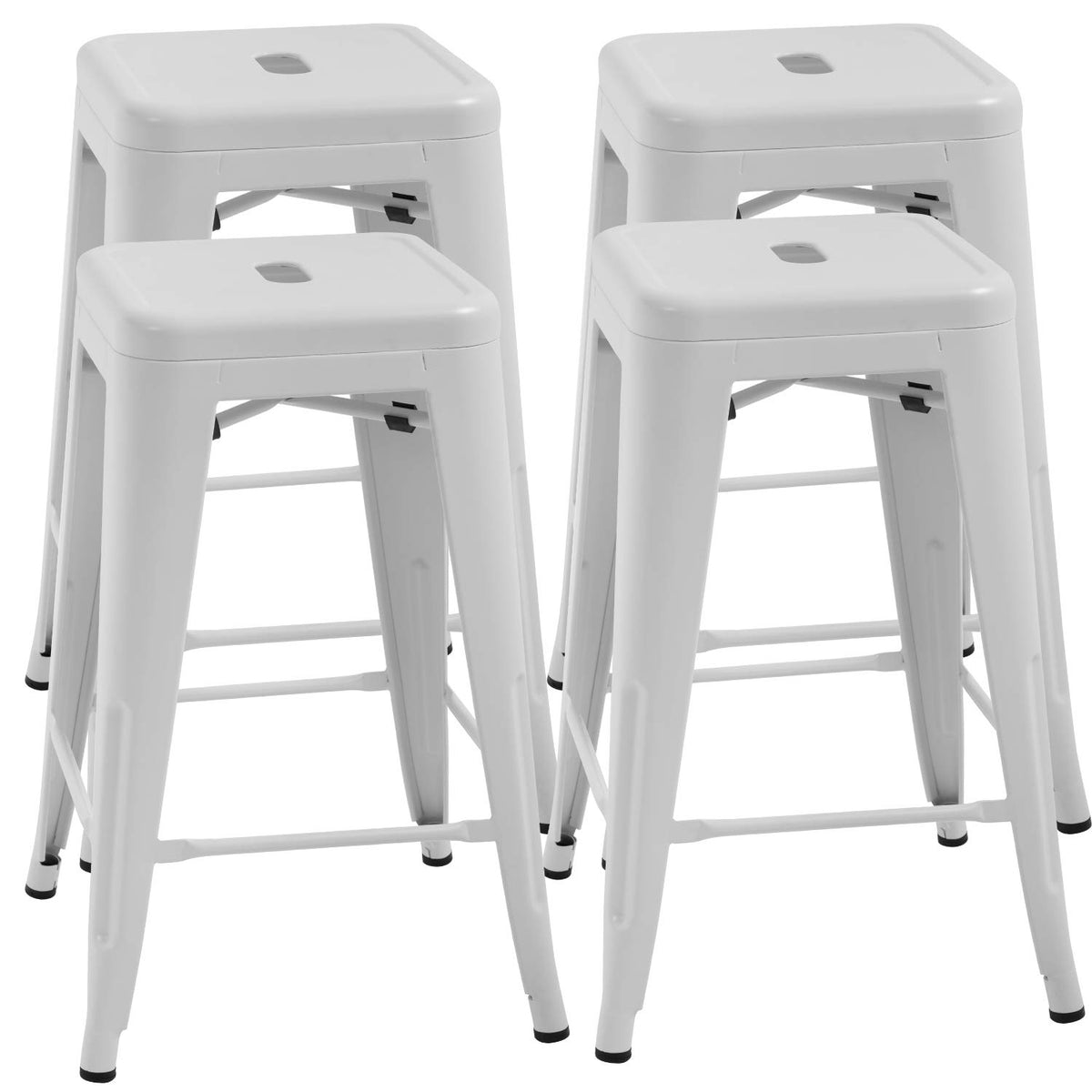 FDW white 24-inch stackable metal bar stools for versatile seating.