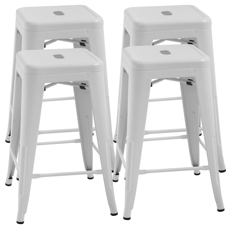 FDW white 24-inch stackable metal bar stools for versatile seating.