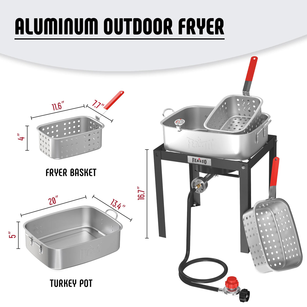 Feasto 40000-BTU propane burner delivers fast, even heating for crisp fried foods.