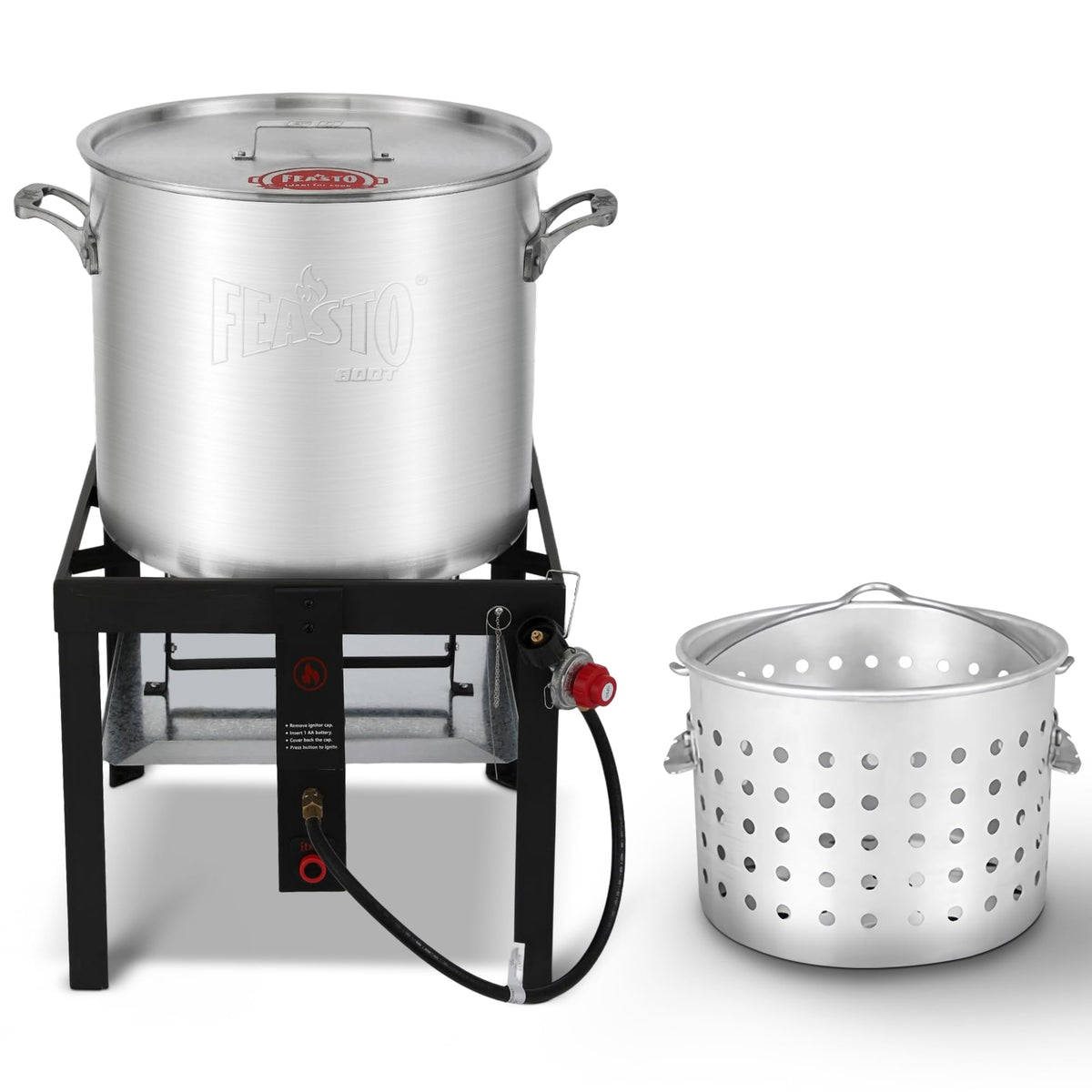 Feasto 80 QT seafood boil pot with perforated basket for quick solid-liquid separation