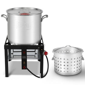Feasto 80 QT seafood boil pot with perforated basket for quick solid-liquid separation