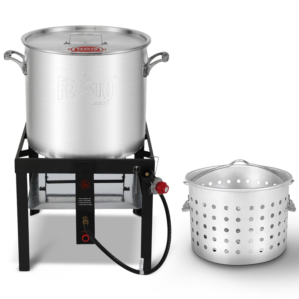 Feasto 80 QT seafood boil pot with perforated basket for quick solid-liquid separation