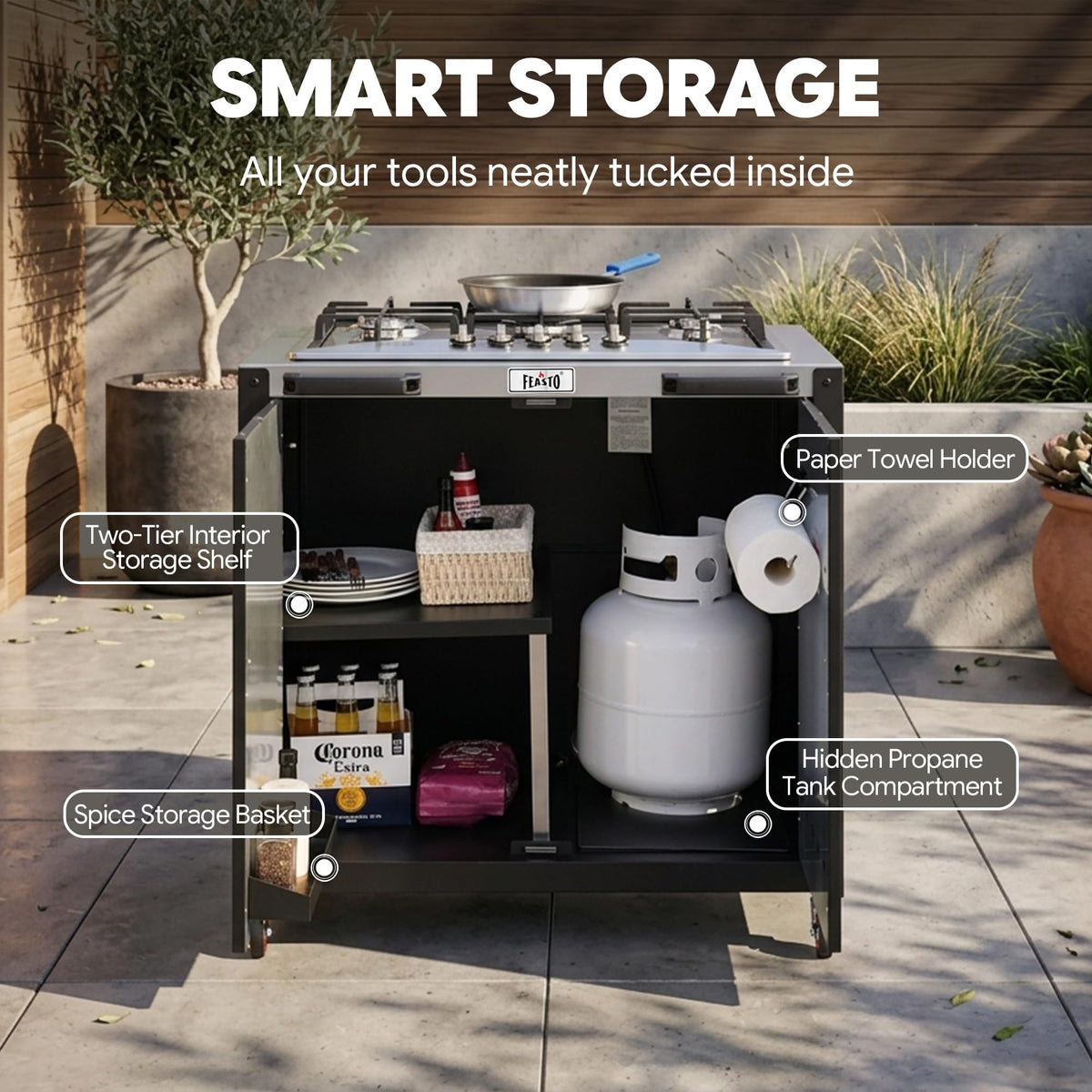 Feasto kitchen and patio use image highlighting indoor/outdoor versatility