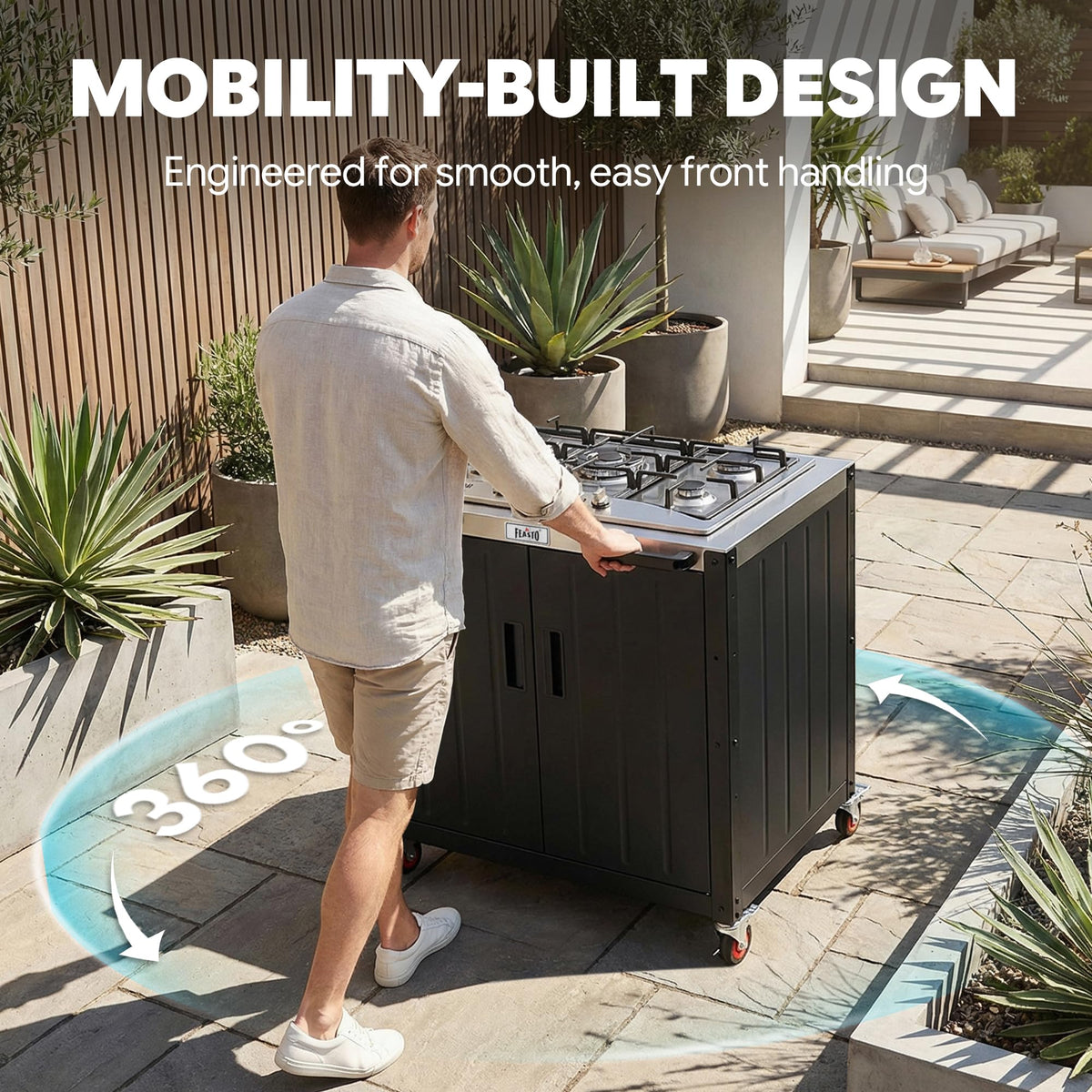 Feasto outdoor dining scene with grill-ready surface and prep area