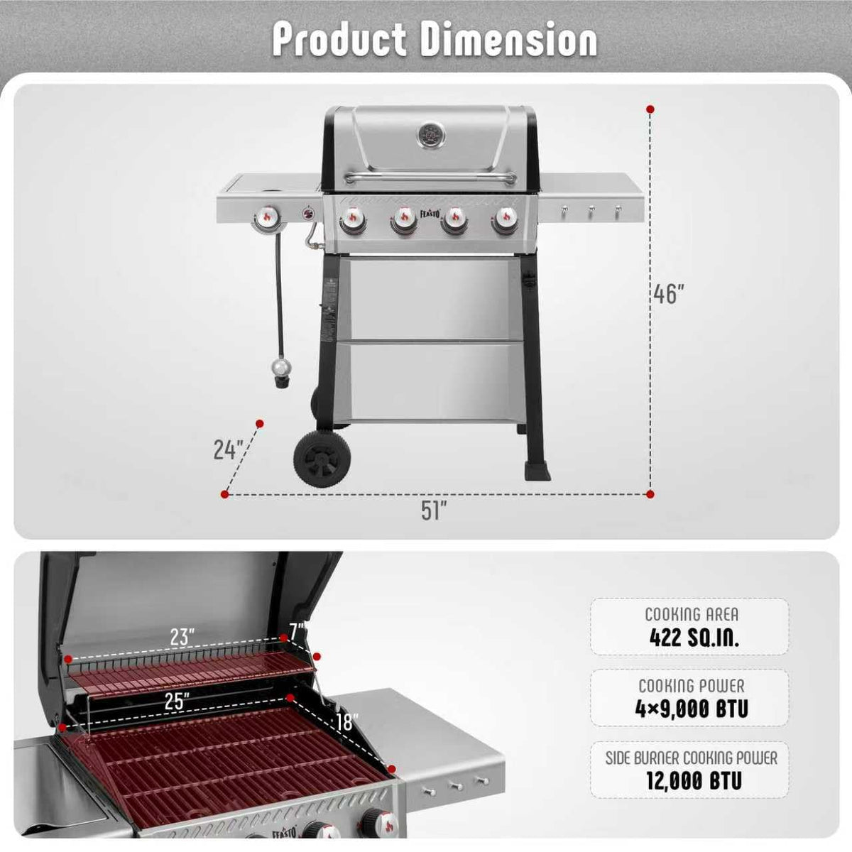 Feasto grill four burners deliver steady heat across the cooking surface.