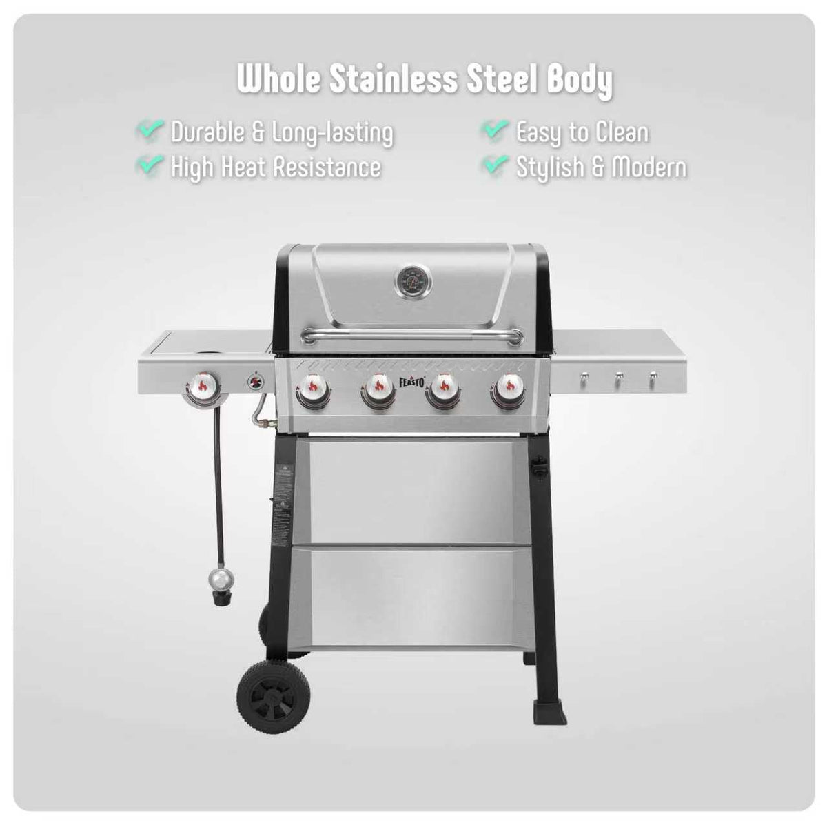 Feasto propane tank holder keeps essential supplies neatly in reach.