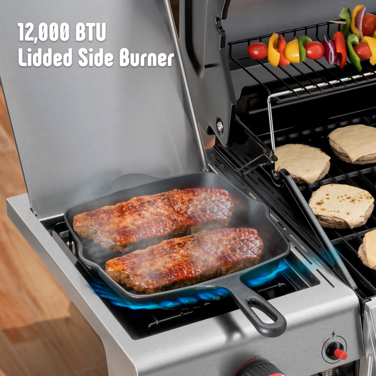Feasto three tool hooks and non-slip handles support efficient outdoor cooking.
