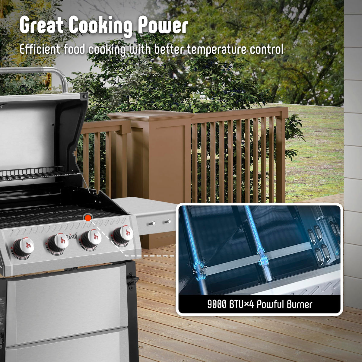 Feasto warming rack keeps buns and sides warm without crowding the main grill.