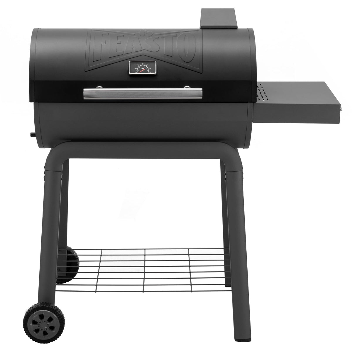 Feasto heavy-duty 30-inch grill with side table offers extra prep space for gatherings.