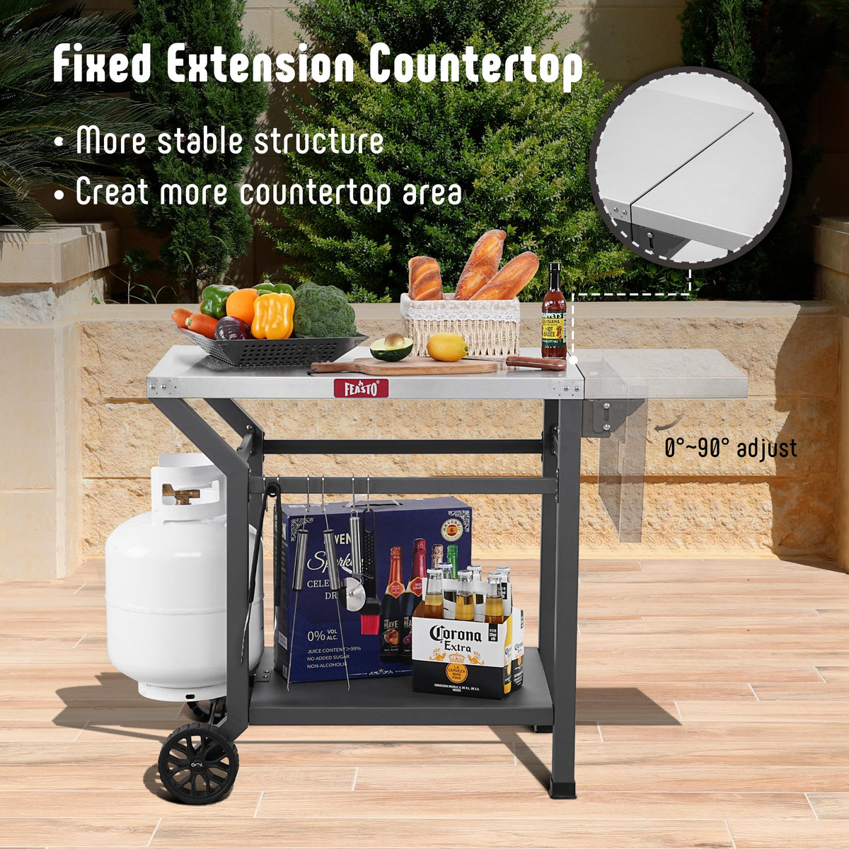 Feasto movable casters and legs enable easy mobility and stability.