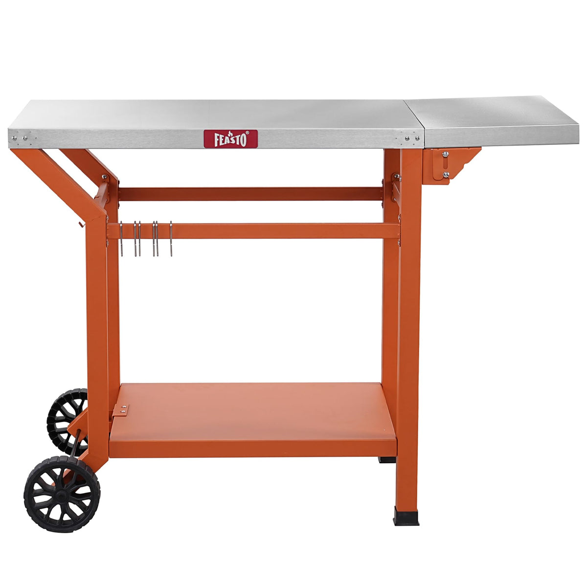 Feasto movable grill table front view with sturdy stainless steel surface for outdoor cooking
