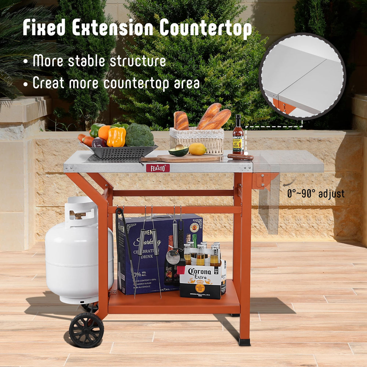 Feasto movable grill table lower shelf adds convenient extra storage