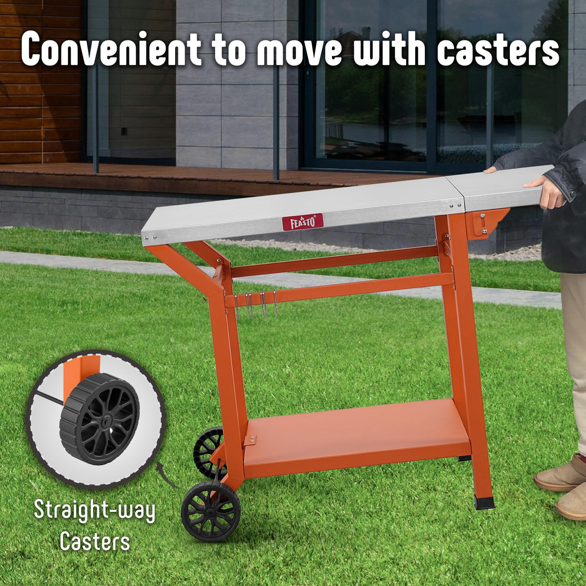 Feasto movable grill table mobility with casters and legs for easy positioning