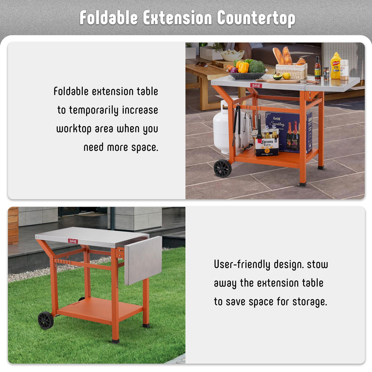 Feasto movable grill table stainless countertop resists rust and stains