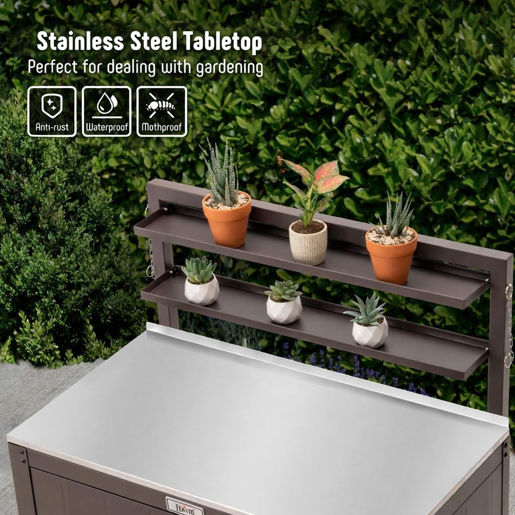 Feasto potting bench with adjustable feet for uneven ground stability