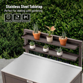 Feasto potting bench with adjustable feet for uneven ground stability