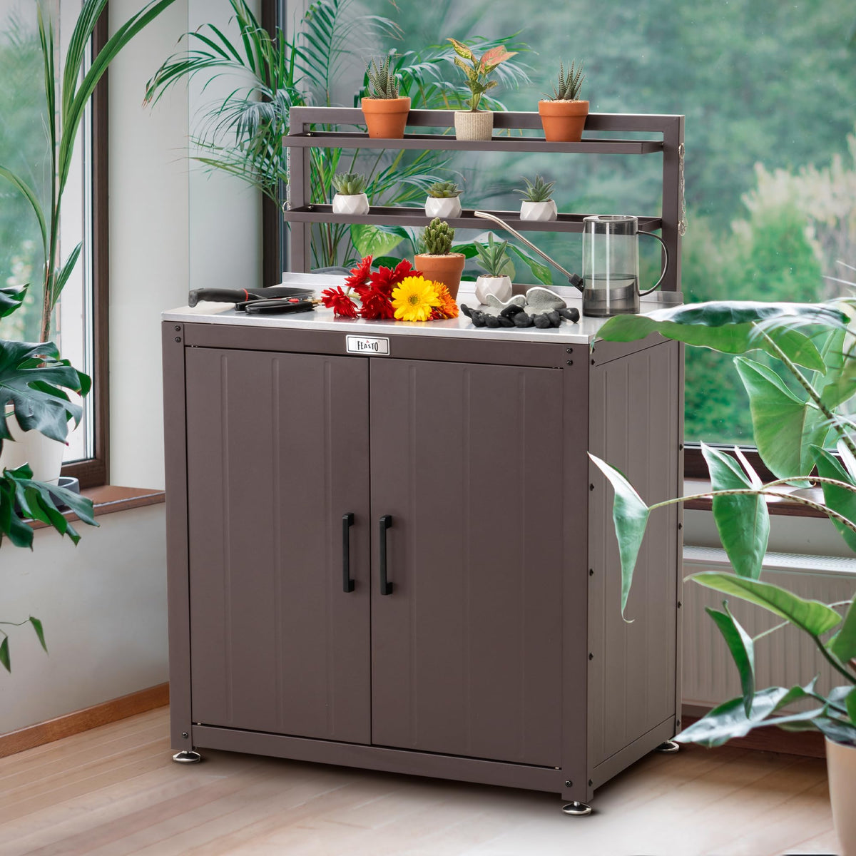 Feasto potting bench with storage cabinet to organize tools