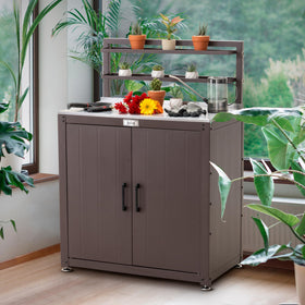 Feasto potting bench with storage cabinet to organize tools