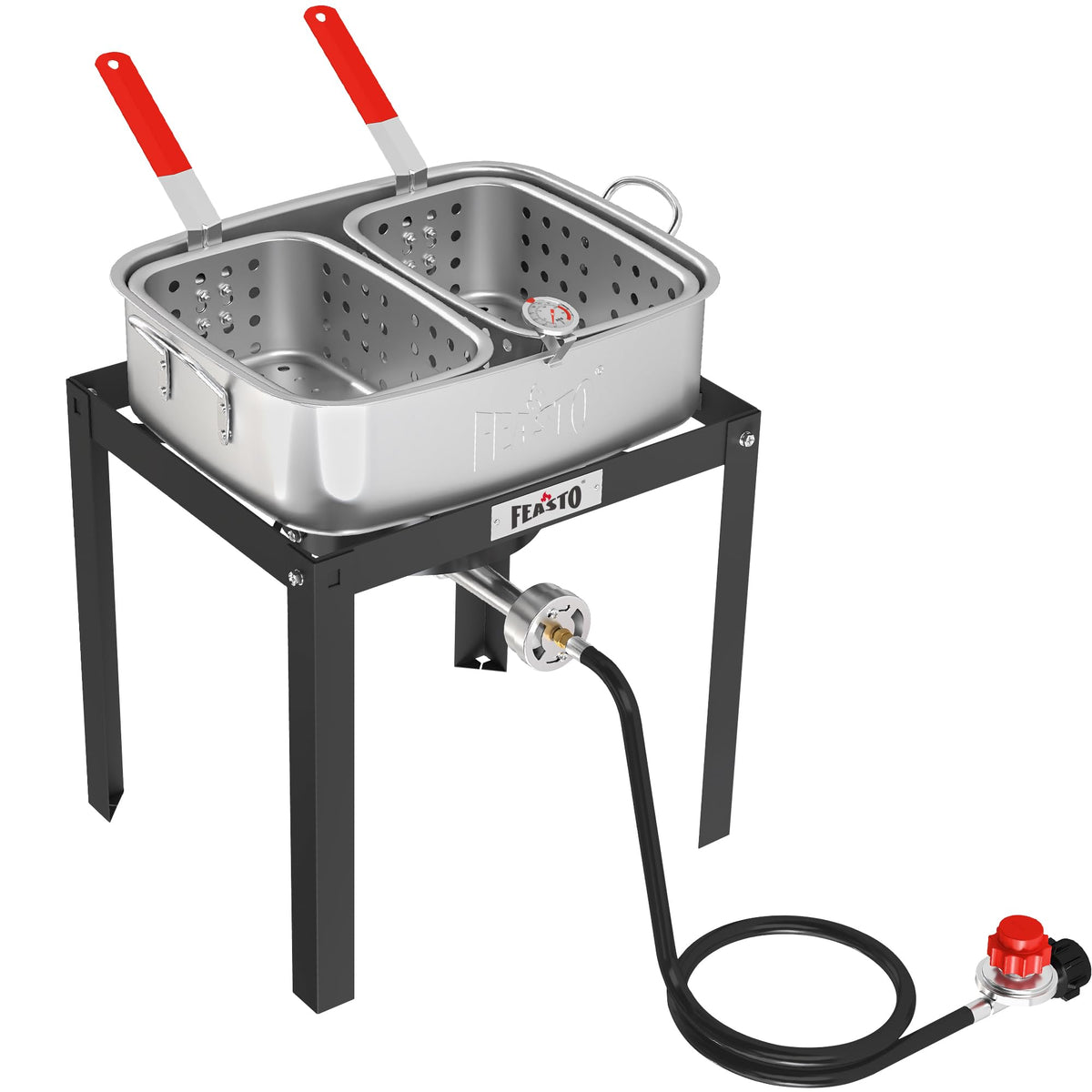 Feasto pro tips suggest proper oil use and achieving golden fried results.