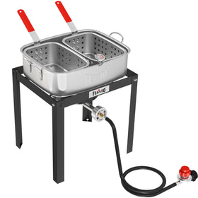 Feasto pro tips suggest proper oil use and achieving golden fried results.