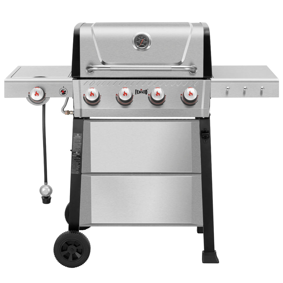 Feasto propane grill with side tables for convenient prep near the heat.