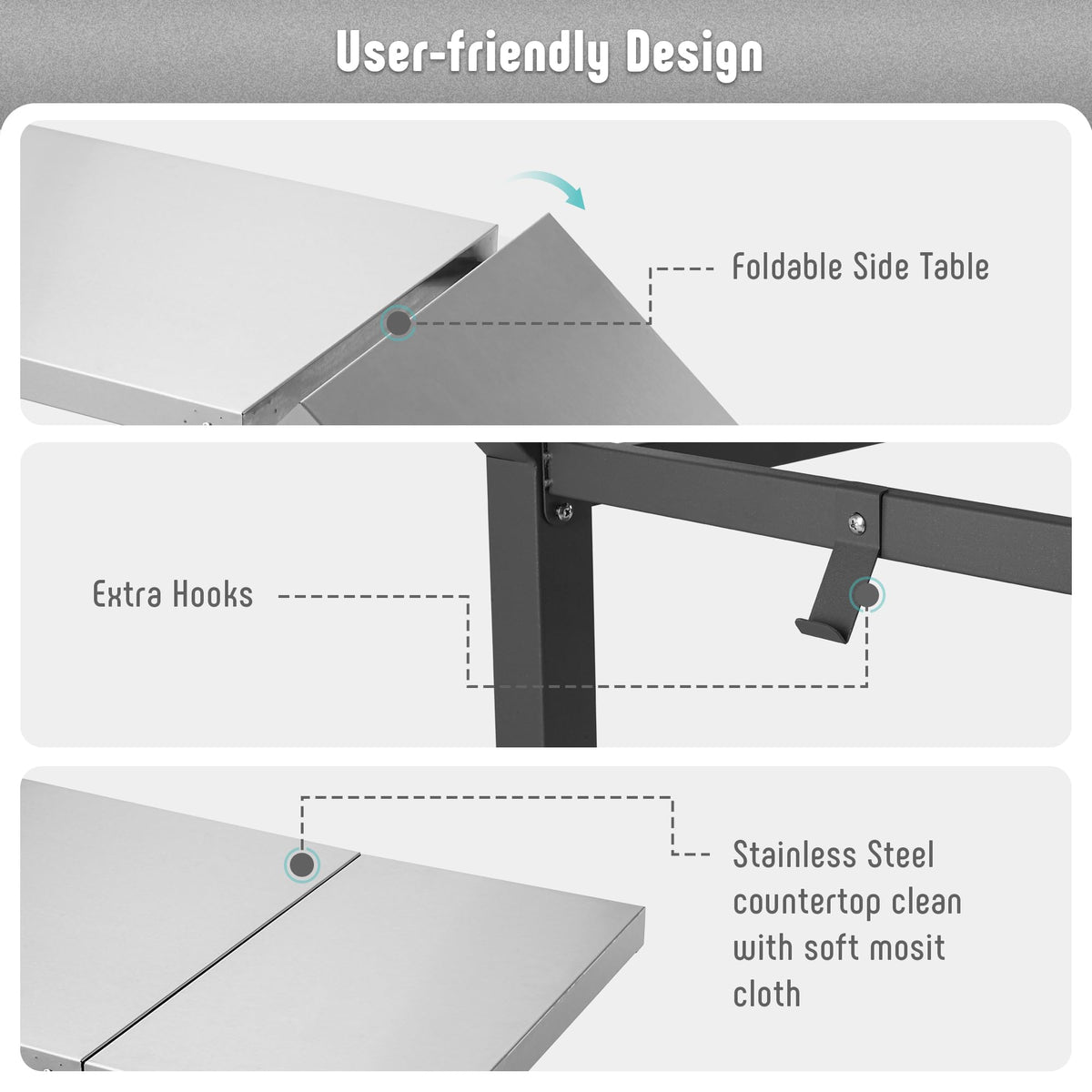 Feasto stainless steel countertop resists rust and stains.