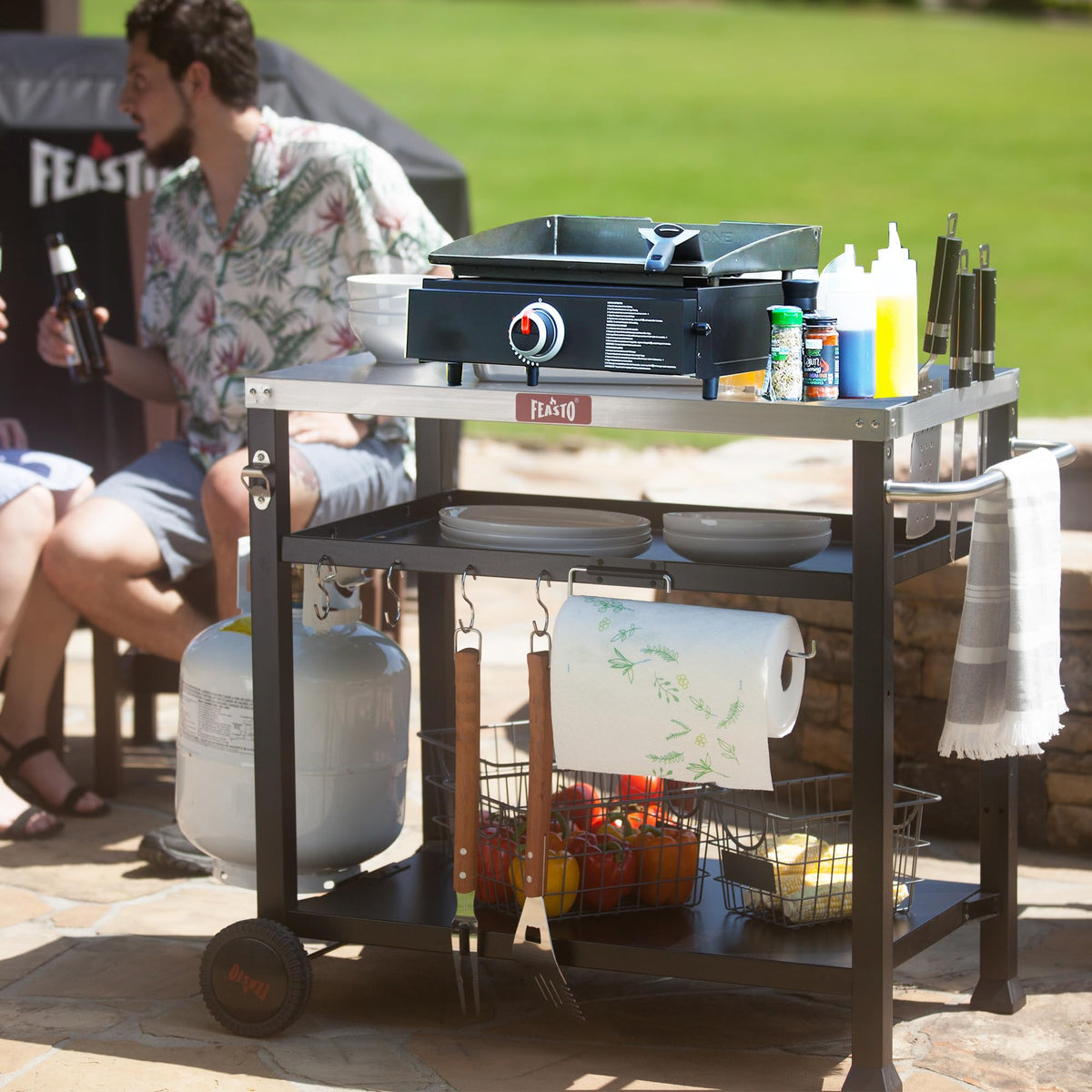 Feasto stainless-steel table top provides a durable, easy-to-clean prep surface.