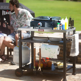 Feasto stainless-steel table top provides a durable, easy-to-clean prep surface.