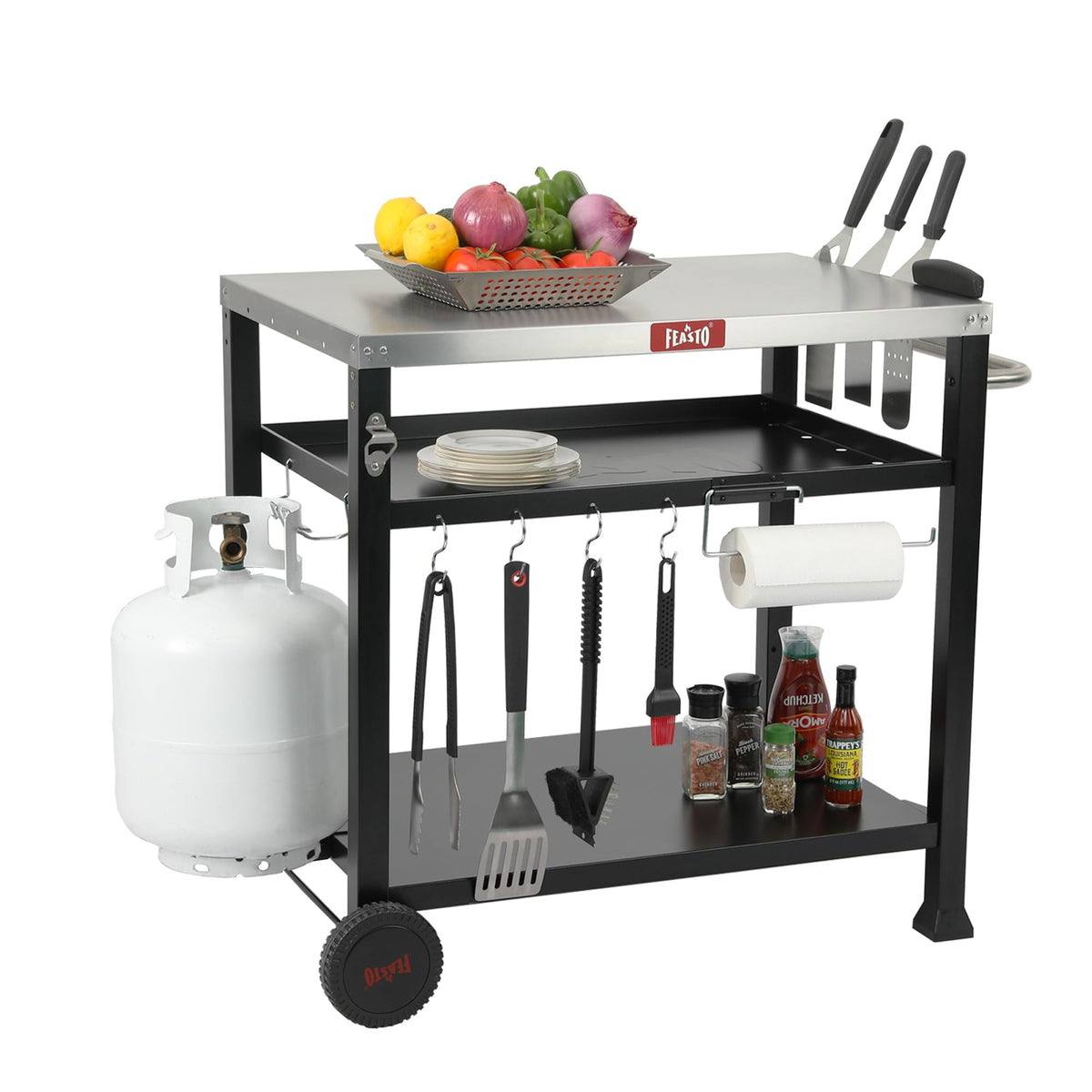 Feasto storage shelves with weep holes prevent water pooling and keep items organized.