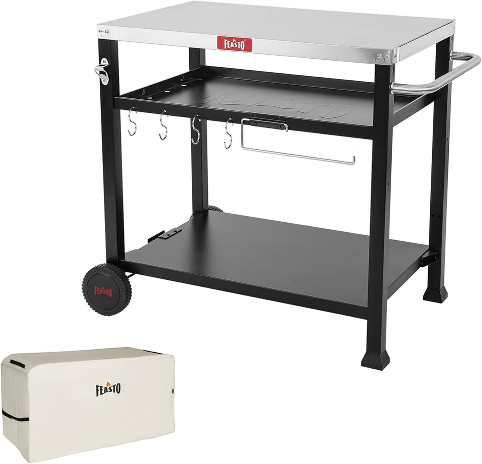Feasto three-shelf movable cart top shows versatile outdoor storage and mobility benefits.