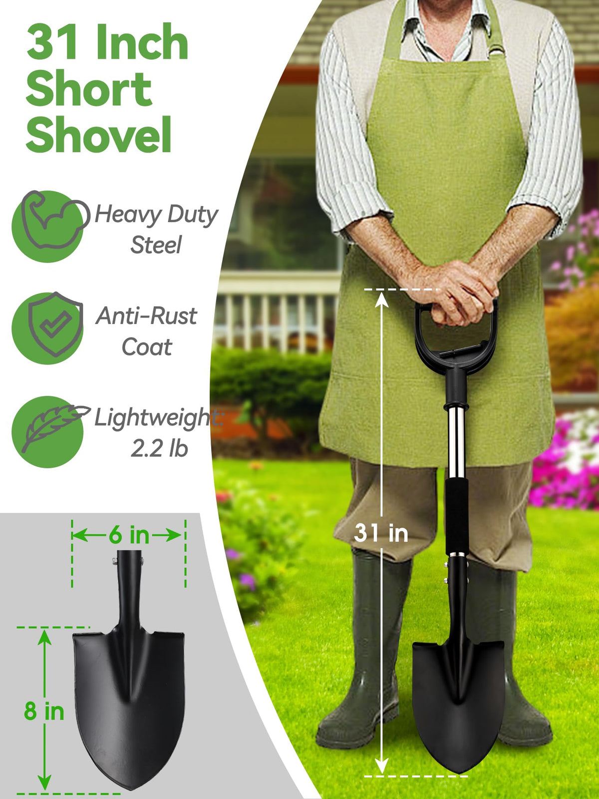 Feblomst shovel round point blade penetrates soil with ease.