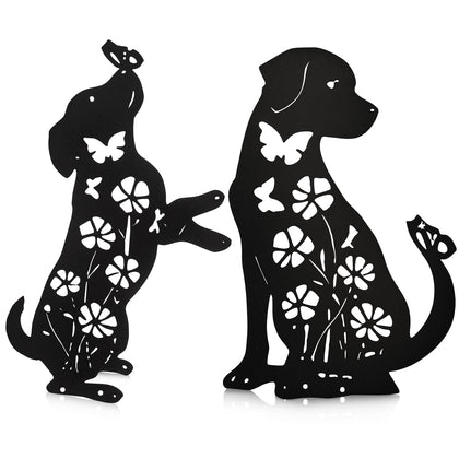 Fectzuea 17-inch black dog garden stake, two-pack, stylish backyard accent.