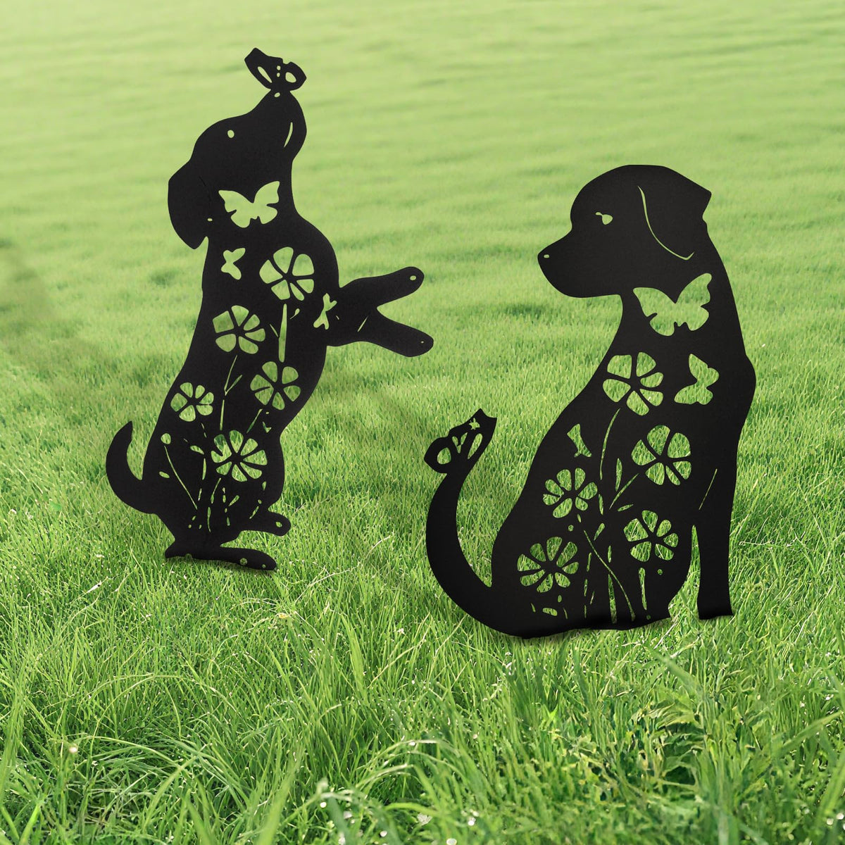 Fectzuea dog silhouette yard art in black for outdoor charm.