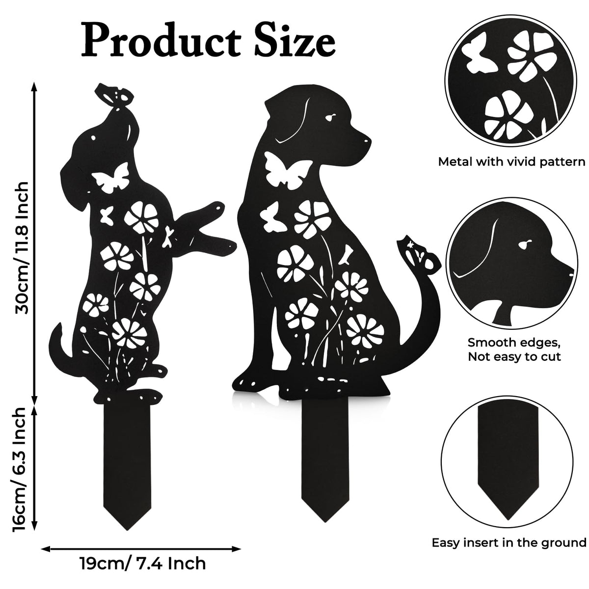 Fectzuea weather-resistant steel stake protects garden art from elements.