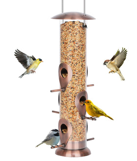 FEED GARDEN metal bird feeder with six ports for multiple birds outdoors.