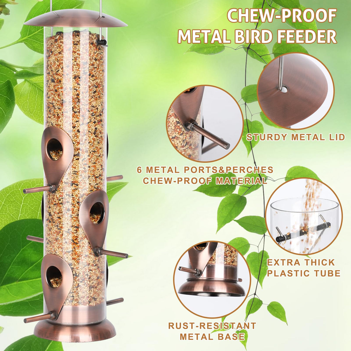 FEED GARDEN easy-fill lid and clear tube for quick refills and monitoring.