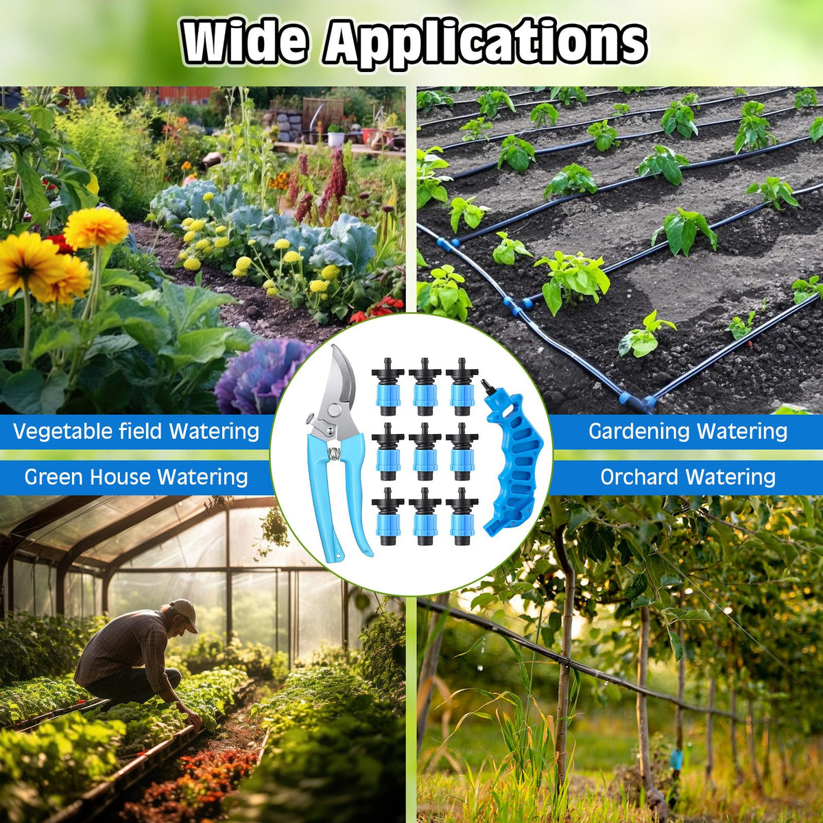Feekoon irrigation toolkit in use beside garden beds for efficient watering.
