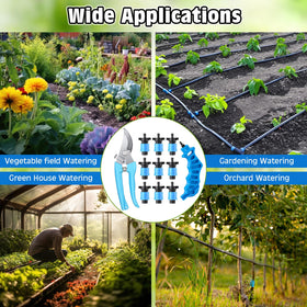Feekoon irrigation toolkit in use beside garden beds for efficient watering.