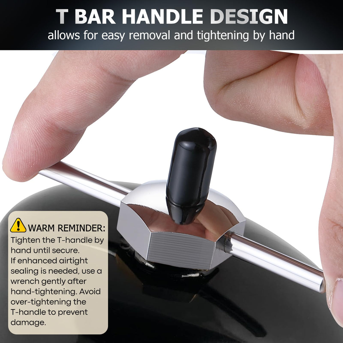 Feekoon T-bar handle closeup enables easy hand tightening