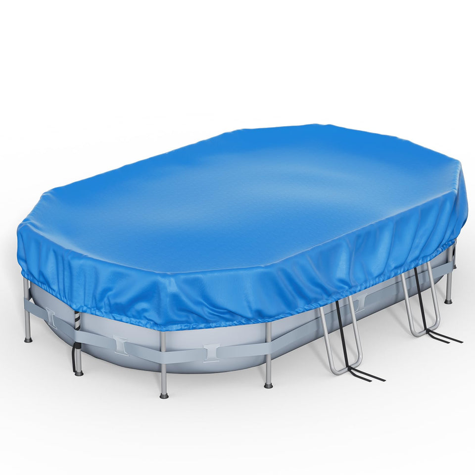 Feelife oval pool cover shown during a quick 20-second setup over a 16x10 pool
