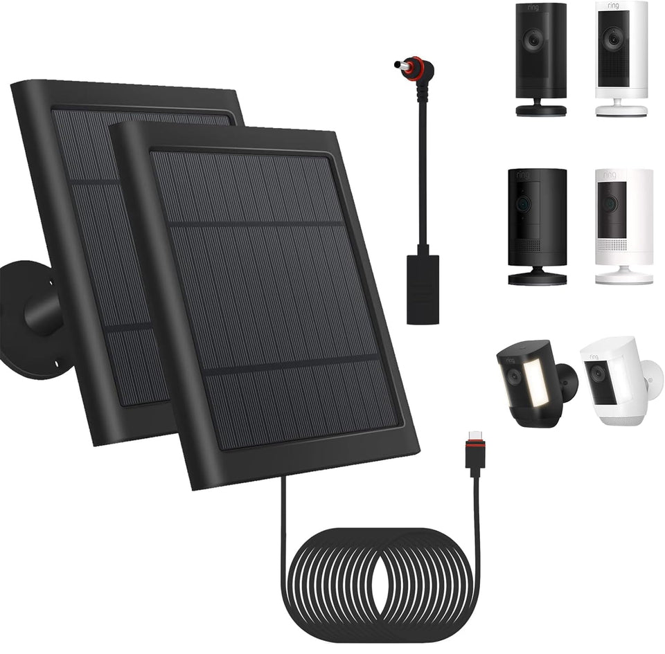 Fehuatenda Ring solar panel 2-pack powering cameras outdoors with steady daylight charging