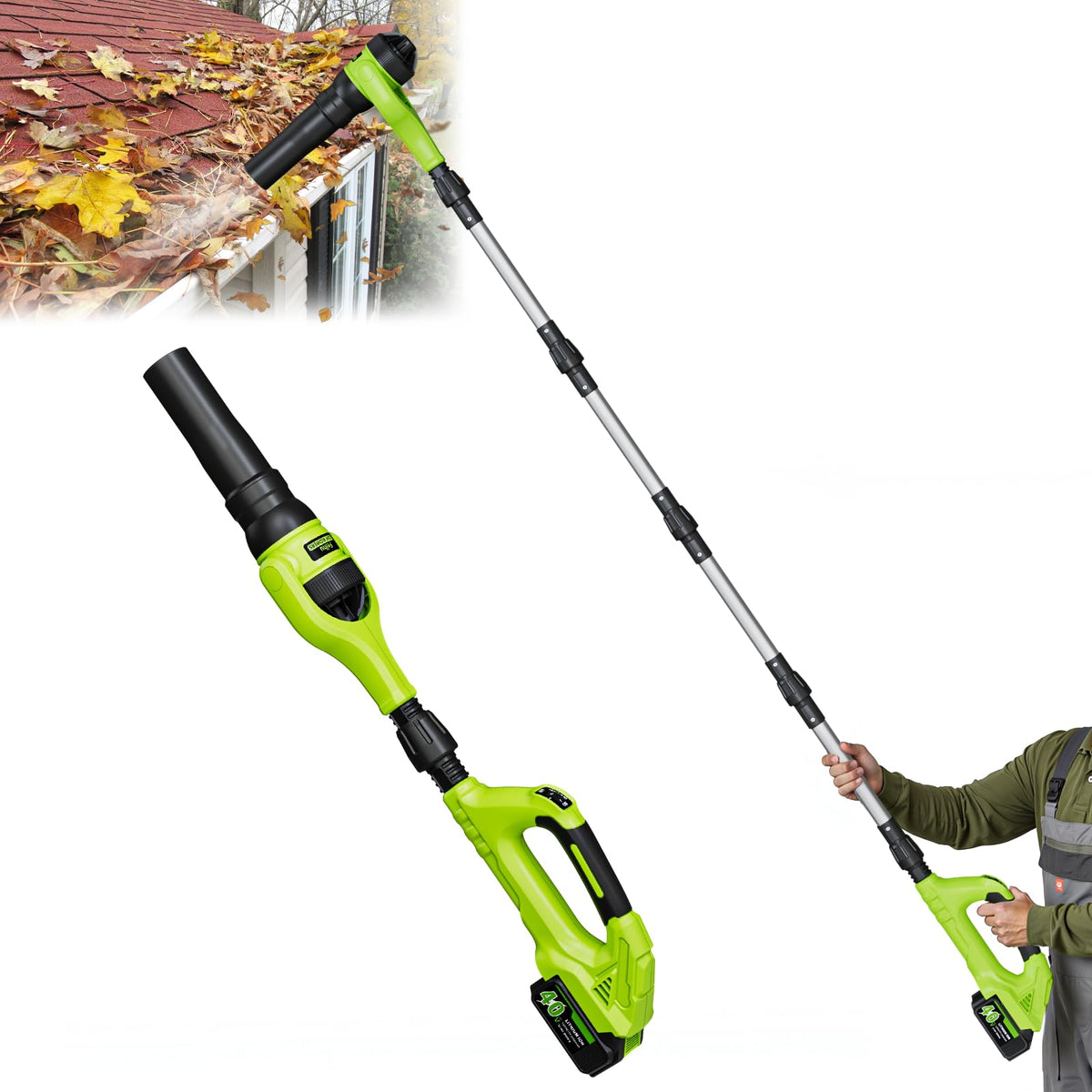 Feihu cordless leaf blower with 98-inch extendable pole reaches hard-to-reach areas.