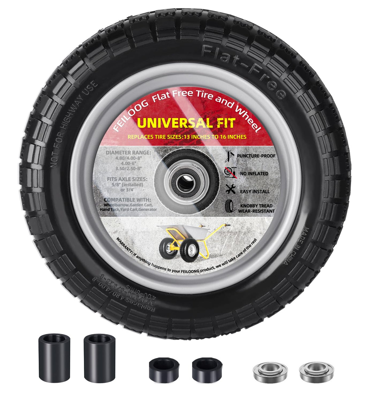 FEILOONG installation guide image illustrating wheelbarrow tire replacement steps.