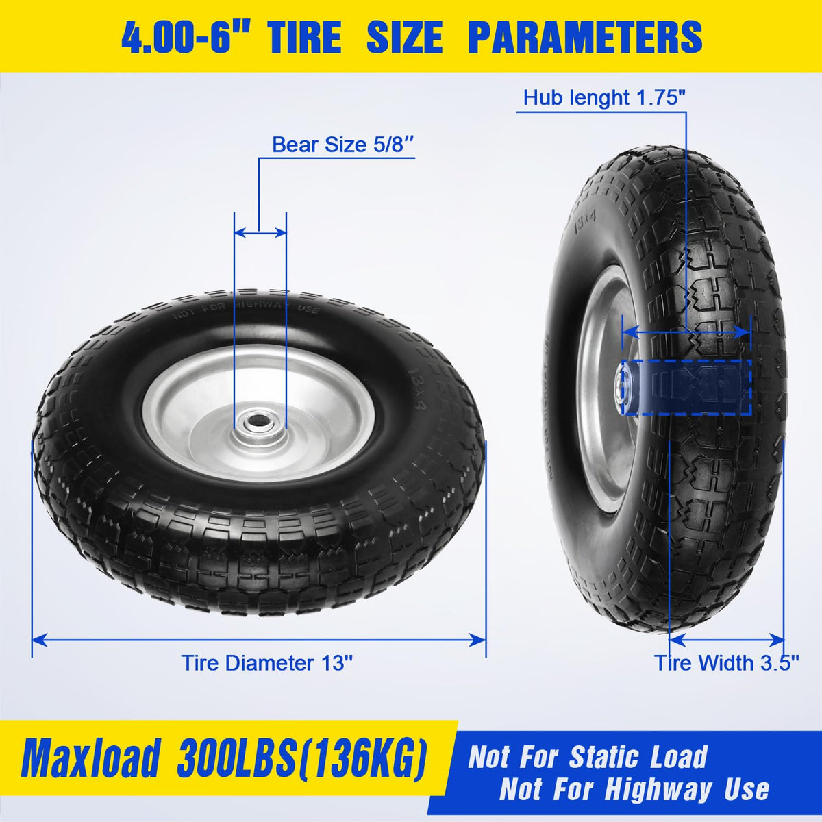 FEILOONG solid 13-inch wheelbarrow tire eliminates flats for tough yard tasks