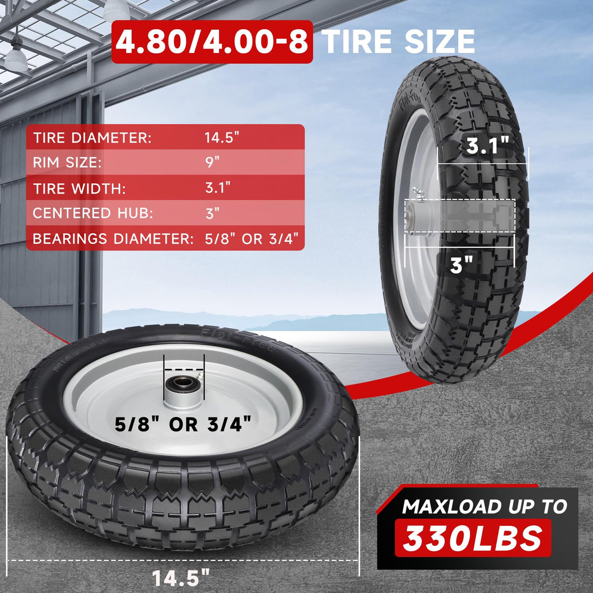 FEILOONG universal-fit tire showing compatibility with multiple wheelbarrow sizes for easy replacement.