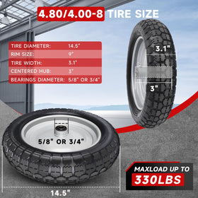 FEILOONG universal-fit tire showing compatibility with multiple wheelbarrow sizes for easy replacement.