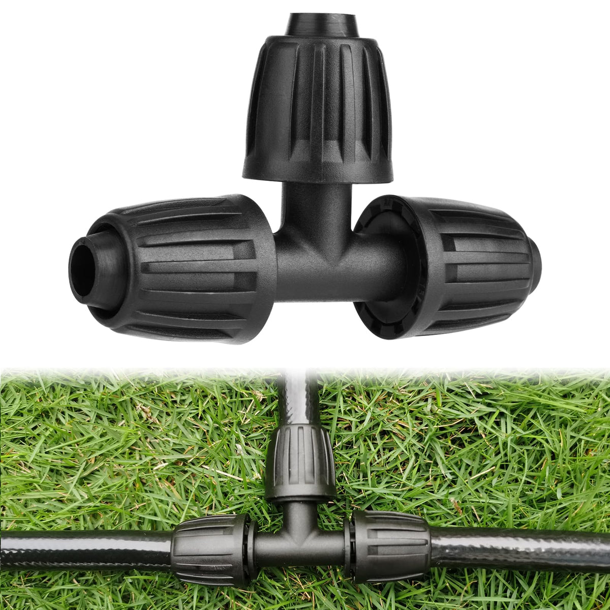 FeimiChen drip tee front view for easy DIY 1/2-inch irrigation connections.